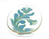 Vintage Chance Brothers glass oval dish with turquoise flowers and gold rim, 1970s