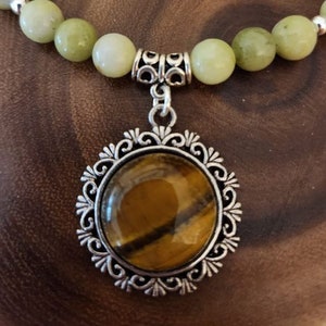 Real tiger&#39;s eye necklace, gift for woman, real jade, statement necklace, sterling silver, green jade beads