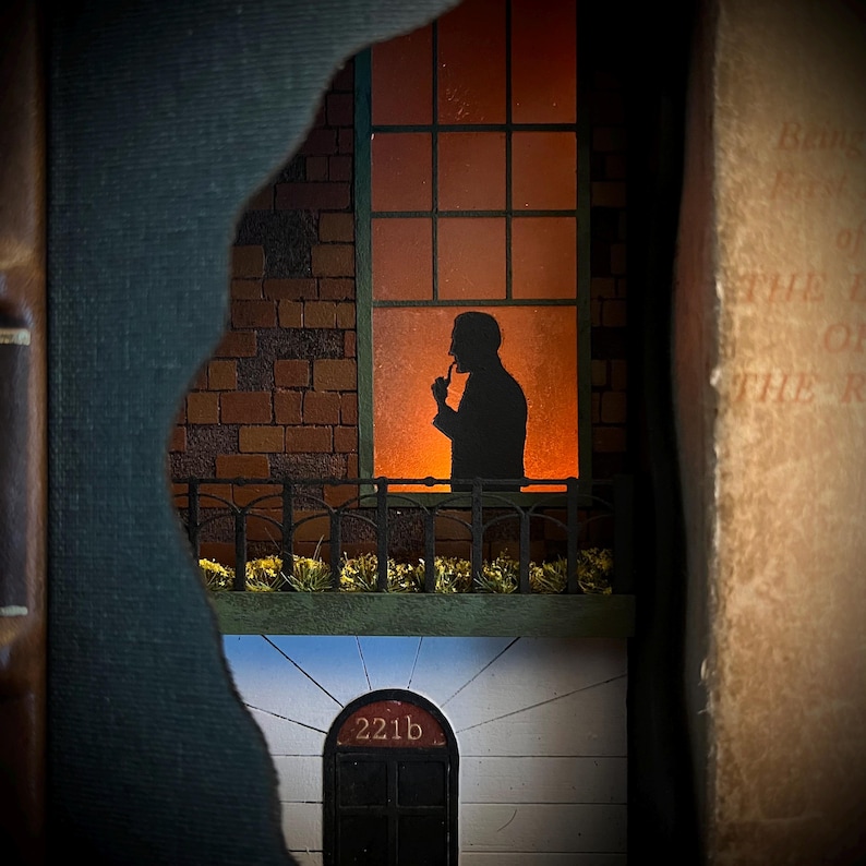 Sherlock Holmes Book Nook, 221B Baker Street Miniature Scene, LED Bookshelf Decoration image 2