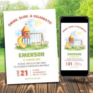 May include: A birthday invitation with a watercolor illustration of a playground with a slide and swings. The invitation reads "Swing, Slide, & Celebrate!" and includes the name "Emerson" and the date June 21.
