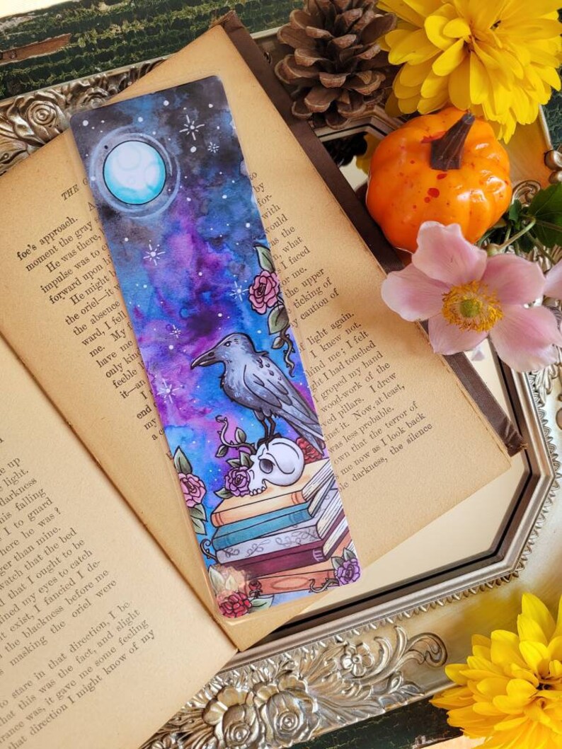 Dark Academia Bookmark, Gothic Bookmark, Bookstagram Bookmark, Book Stack Bookmark, Raven, Witchy Bookmark, Crow and Skull, Bookish Gift image 8