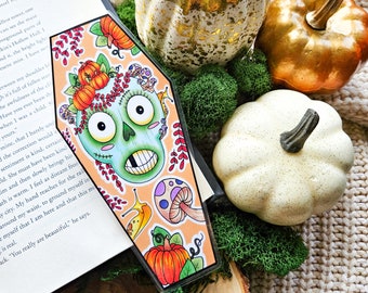 Green Zombie Coffin Bookmark, Cute Zombie Bookmark, Banana Slug, Pumpkins and Mushrooms, Gothic Bookmark, Halloween Bookmark, Pastel Goth