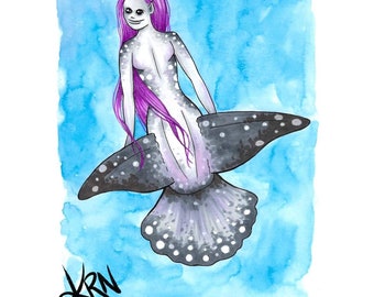 Mola Mola Fish Mermaid ORIGINAL ART, Hand Painted, Hand Drawn, gothic Mermaid Art, Mermaid Gifts, Female Art, Mermaidcore, Pastel Goth