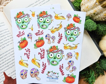 Green Zombie Sticker Sheets, 2 Pack, Banana Slug, Mushroom, Gothic Sticker Pack, Jack O Lantern Journal Stickers, Pumpkin Sticker Sheet