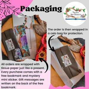 May include: A close-up of a brown paper package wrapped in tissue paper and a cellophane bag. The package includes a free bookmark and a mystery mini sticker. The text "Nichol Art Designs" is visible on the package and the bookmark.