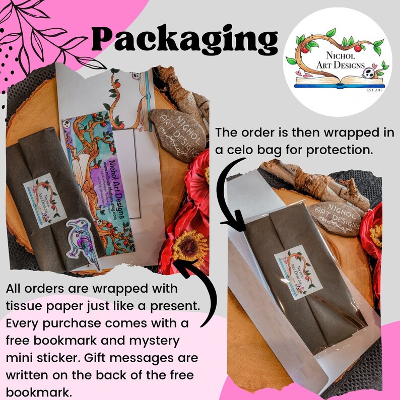 May include: A close-up of a brown paper package wrapped in tissue paper and a cellophane bag. The package includes a free bookmark and a mystery mini sticker. The text "Nichol Art Designs" is visible on the package and the bookmark.