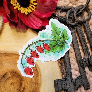May include: A sticker featuring a watercolor illustration of a vine with five red hearts hanging from it. The vine has green leaves and is set against a light blue background.