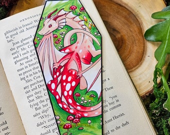 Red Mushroom Dragon Coffin Bookmark, Red Dragon Bookmark, Dragoncore, Dragon and Mushrooms, Gothic Bookmark, Gifts for Readers, Dragon Gifts