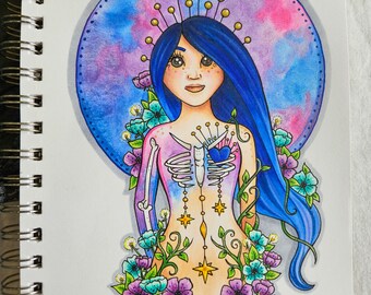 Bone Witch ORIGINAL ART, Hand Painted, Hand Drawn, Witchy Art, Dark Cottagecore Art, Bone and Flowers, Female Art, Witchy Vibes, Pastel Goth