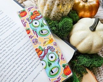 Green Zombie Bookmark, Cute Zombie Bookmark, Banana Slug, Pumpkins and Mushrooms, Gothic Bookmark, Halloween Bookmark, Dark Cottagecore