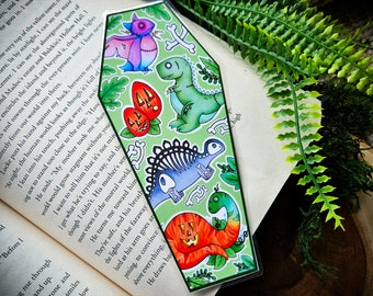 Halloween Dinosaur Bookmark, Spooky Dino Bookmark, Halloween Bookmark, T Rex, Brontosaurus, Stegosaurus, Pterodactyl, Coffin Bookmark