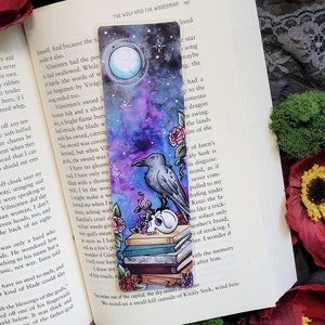 Dark Academia Bookmark, Gothic Bookmark, Bookstagram Bookmark, Book Stack Bookmark, Raven, Witchy Bookmark, Crow and Skull, Bookish Gift image 4
