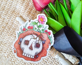 Buried Skull and Flower Sticker, Skull Sticker, Mushroom and Skull, Pastel Goth Sticker, Skull Decal, Dark Cottagecore, Skull and Flower