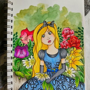 Goth Alice and Flowers ORIGINAL ART, Hand Painted, Hand Drawn, Alice in Wonderland Art, Dark Alice Wall Art, Alice in Wonderland Gifts
