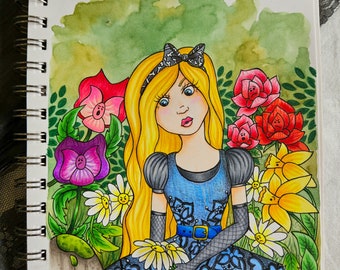 Goth Alice and Flowers ORIGINAL ART, Hand Painted, Hand Drawn, Alice in Wonderland Art, Dark Alice Wall Art, Alice in Wonderland Gifts