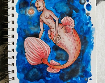 Lantern Fish Mermaid ORIGINAL ART, Angler Fish, Hand Painted, Hand Drawn, Mermaid Art, Mermaid Gifts, Female Art, Mermaidcore, Pastel Goth