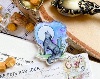 Howling Wolf Acrylic Pin, Werewolf Pin, Black Wolf Pin, Black Dog Pin, Lycanthrope, Lapel Pin, Wolf and Moon