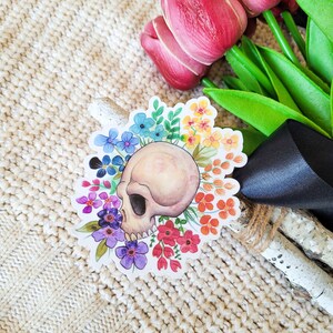 Skull and Rainbow Flowers Sticker, Skull Sticker, Rainbow Skull, Pastel Goth Sticker, Skull Decal, Skull Gifts, Goth Pride, Skull and Flower