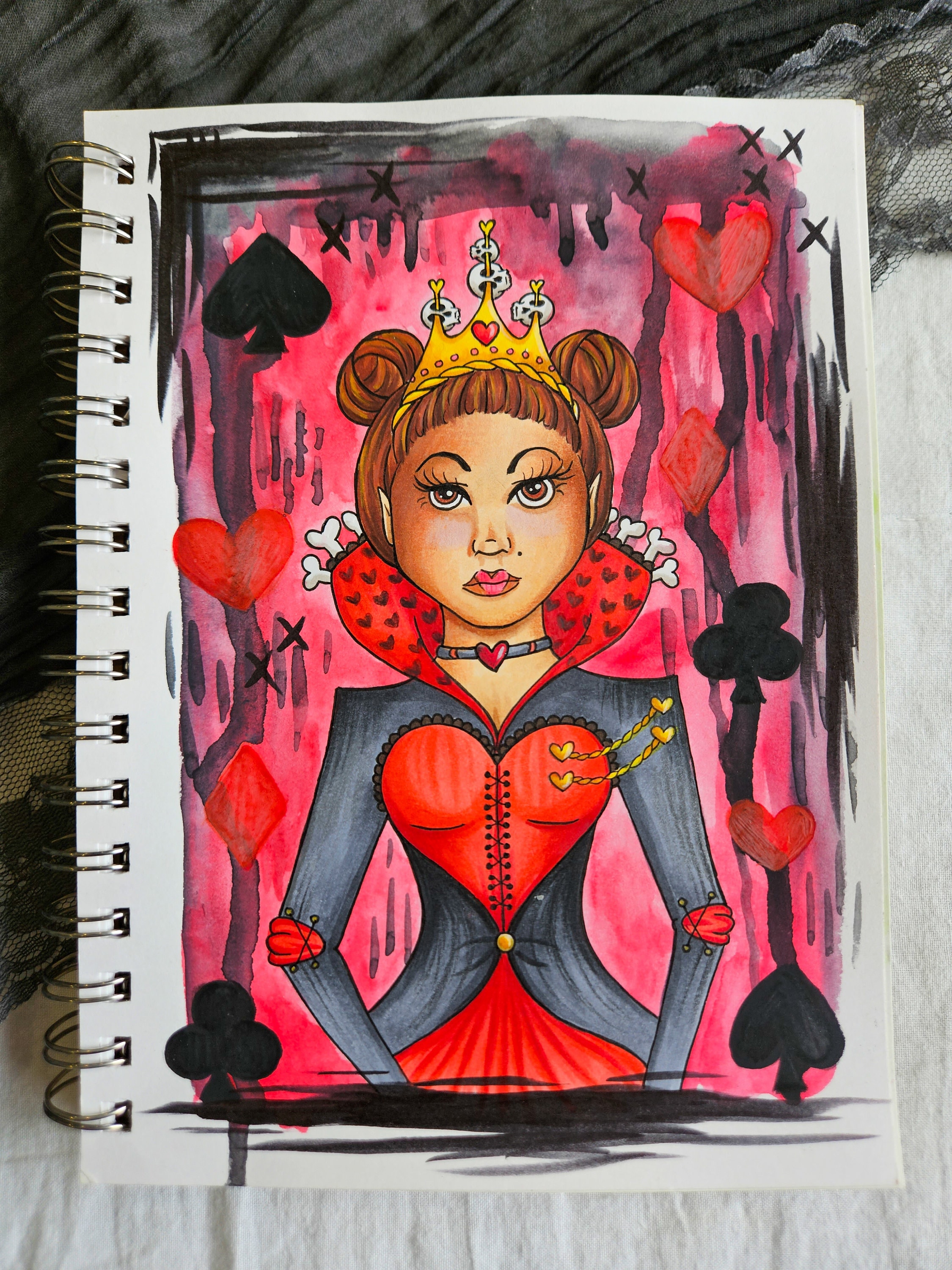 Queen of Hearts ORIGINAL ART, Hand Painted, Hand Drawn, Gothic