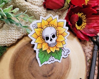 Skull Sunflower Sticker, Creepy Flower Sticker, Gothic Laptop Sticker, Skull Sticker, Dark Cottage Core