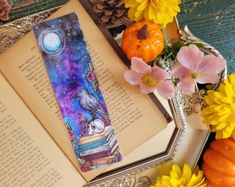 Dark Academia Bookmark, Gothic Bookmark, Bookstagram Bookmark, Book Stack, Raven, Witchy Bookmark, Crow and Skull, Bookish Gift