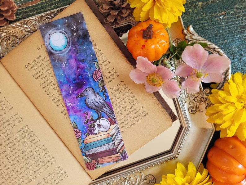 Dark Academia Bookmark, Gothic Bookmark, Bookstagram Bookmark, Book Stack Bookmark, Raven, Witchy Bookmark, Crow and Skull, Bookish Gift image 7