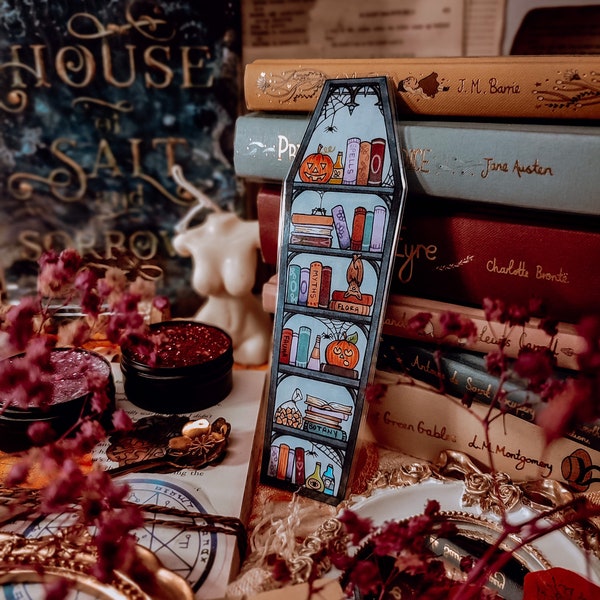 Halloween Bookshelf Bookmark,  Coffin Bookmark, Dark Academia, Gothic Bookmark, Bookstagram Bookmark, Witchy Bookmark, Bookish Gift