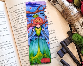 Pumpkin Girl Bookmark,  Halloween Bookmark, Jack O Lantern Bookmarker, Pumpkin Queen, Gothic Bookmark, Witchy Bookmark, Bookish Gift