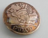 Ireland Coin Brooch,ERIE Harp Chicken with Chicks,1 Penny, 1968 Copper Coin