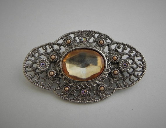 Collar Pin, Victorian Style Oval Brooch, Topaz Co… - image 1