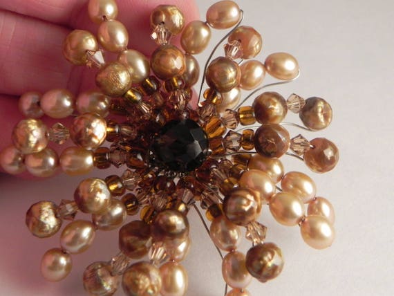 Wire Beaded Brooch, Faux Pearls, Cream, Brown, Am… - image 4