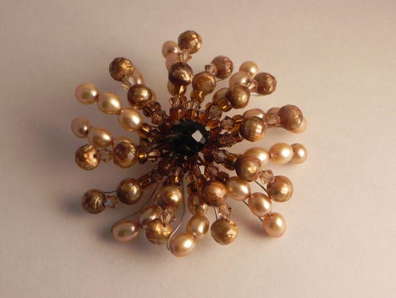 Wire Beaded Brooch, Faux Pearls, Cream, Brown, Am… - image 2