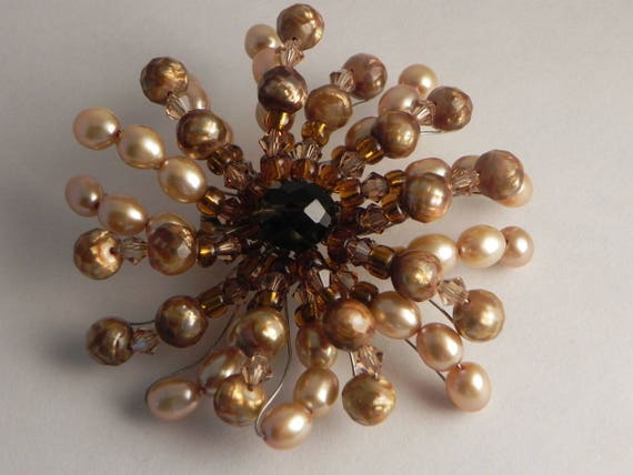 Wire Beaded Brooch, Faux Pearls, Cream, Brown, Am… - image 1