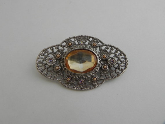 Collar Pin, Victorian Style Oval Brooch, Topaz Co… - image 3