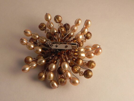 Wire Beaded Brooch, Faux Pearls, Cream, Brown, Am… - image 3