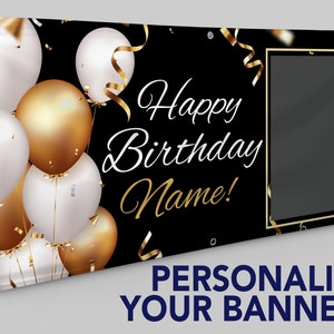 Personalized Custom Birthday 13oz Indoor/Outdoor Vinyl Banner: Multiple Sizes Available -Black and gold birthday banner with photo