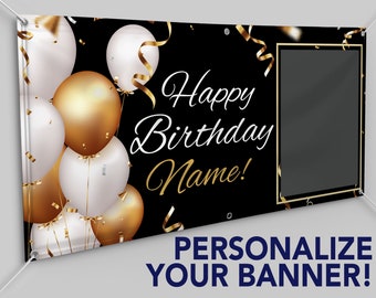 Personalized Custom Birthday 13oz Indoor/Outdoor Vinyl Banner: Multiple Sizes Available -Black and gold birthday banner with photo