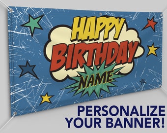 Personalized Custom Birthday 13oz Indoor/Outdoor Vinyl Banner: Multiple Sizes Available -Blue  birthday banner with comic burst