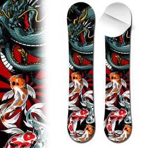 0009 Japanese Inspired Koi Fish and Dragon Laminated Adhesive Vinyl Snowboard Wrap and Skin - Up to 65&quot; x 14&quot; -  Board NOT Included