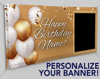 Personalized Custom Birthday 13oz Indoor/Outdoor Vinyl Banner: Multiple Sizes Available -Gold and black birthday banner with photo