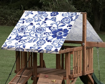 Heavy Duty 15 oz Custom Blue Flower on White Tarp \ Canopy for Outdoor Playset Tarp-31