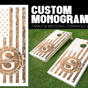 May include: Two white cornhole boards with a distressed wood American flag design and a brown circle with a white letter "S" and the word "SAMPLE" in the center.  Custom Monogram Family & Wedding Cornhole Wraps.