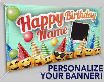 Personalized Custom Birthday 13oz Indoor/Outdoor Vinyl Banner: Multiple Sizes Available - Custom Happy Birthday Emoji Banner