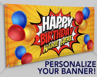 Personalized Custom Birthday 13oz Indoor/Outdoor Vinyl Banner: Multiple Sizes Available -Comic Burst birthday banner custom