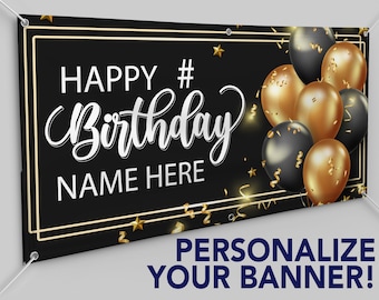 Personalized Custom Birthday 13oz Indoor/Outdoor Vinyl Banner: Multiple Sizes Available - Black and Gold Birthday Balloon Design