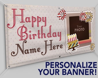 Personalized Custom Birthday 13oz Indoor/Outdoor Vinyl Banner: Multiple Sizes Available - Custom Happy Birthday Retro Sticker Banner
