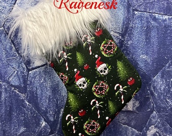 Green Santa Skull Stocking, witchy stocking, creepy Christmas, spooky stocking, gothmas, gothic stocking, Ravenesk