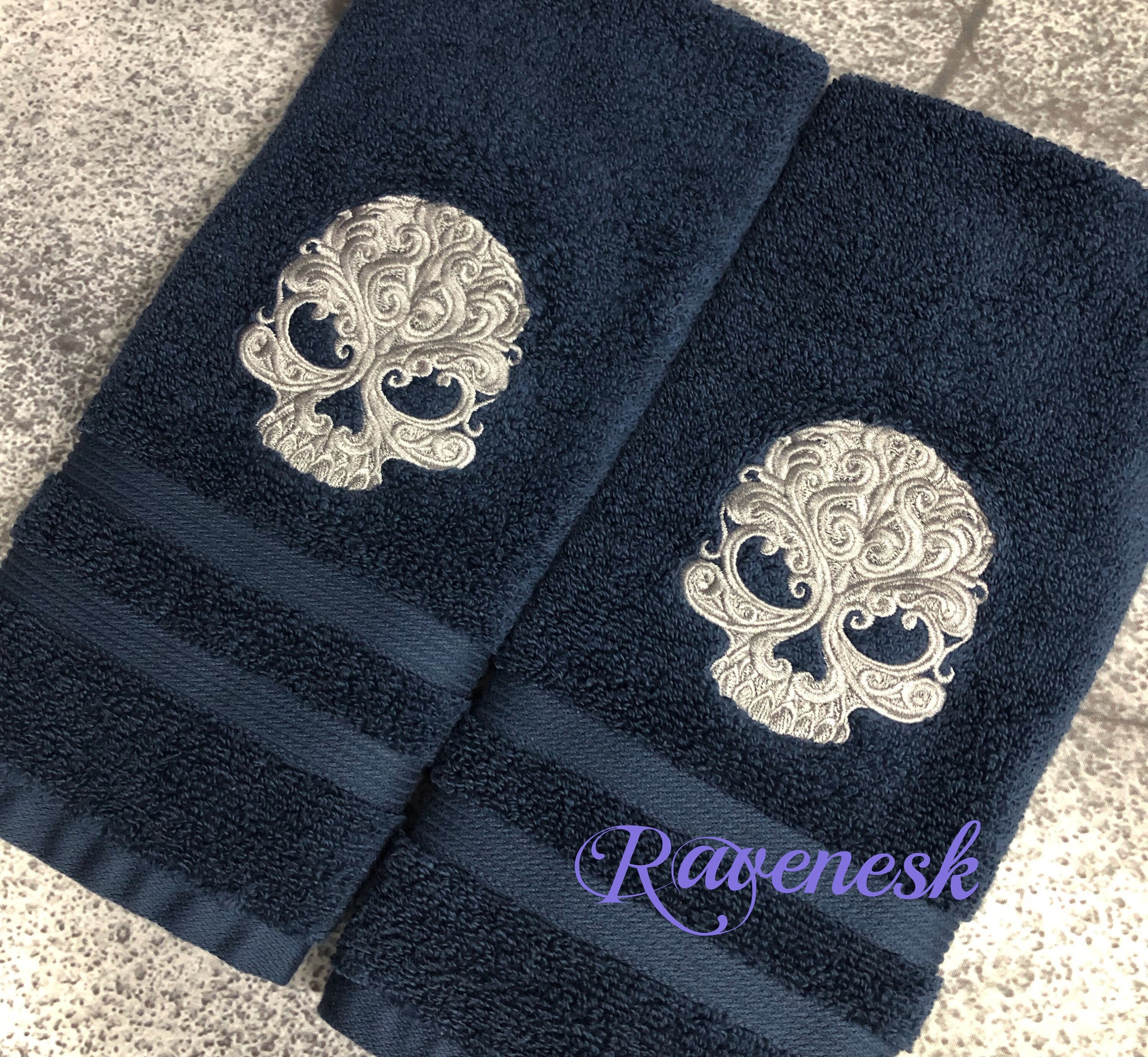 GHOSTLY SKULL BEAUTY SET OF 2 HAND TOWELS EMBROIDERED by laura 