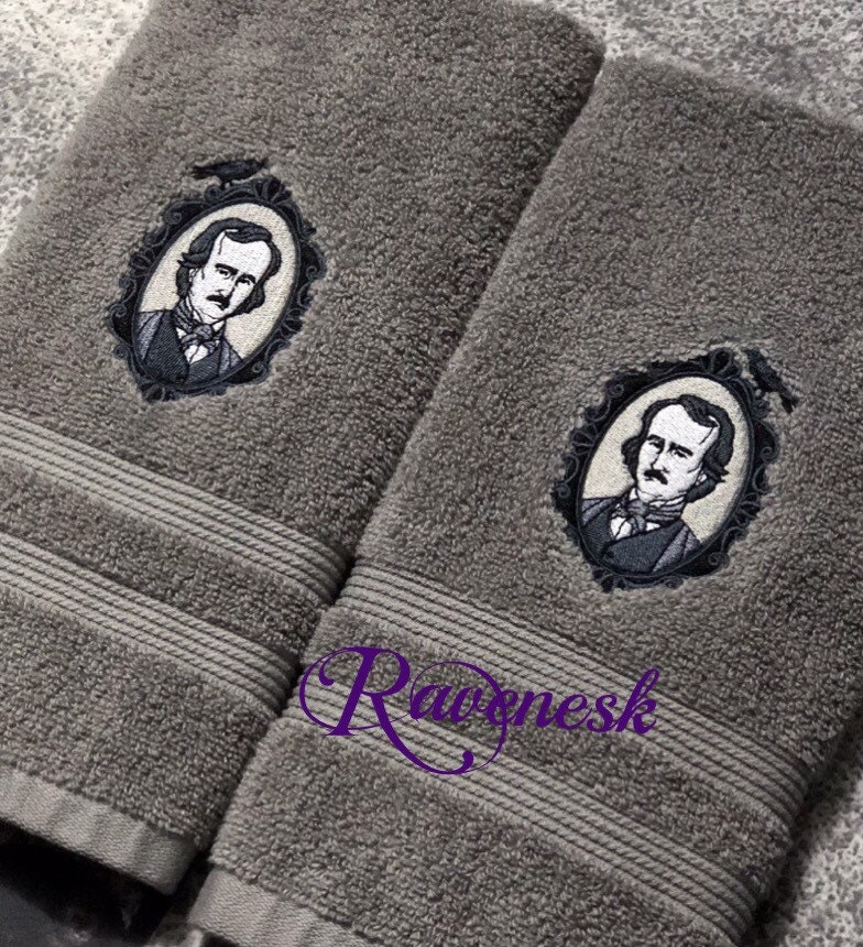 Poe hand towel set, gothic bathroom decor, Edgar Allen Poe, goth decor, Halloween decor, Ravenesk, Victorian decor