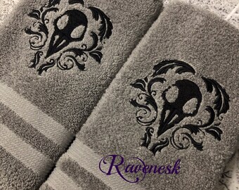 Bird skull on gray, skull decor, gothic bathroom decor, embroidered towels, witchy decor, goth bathroom, gothic home decor
